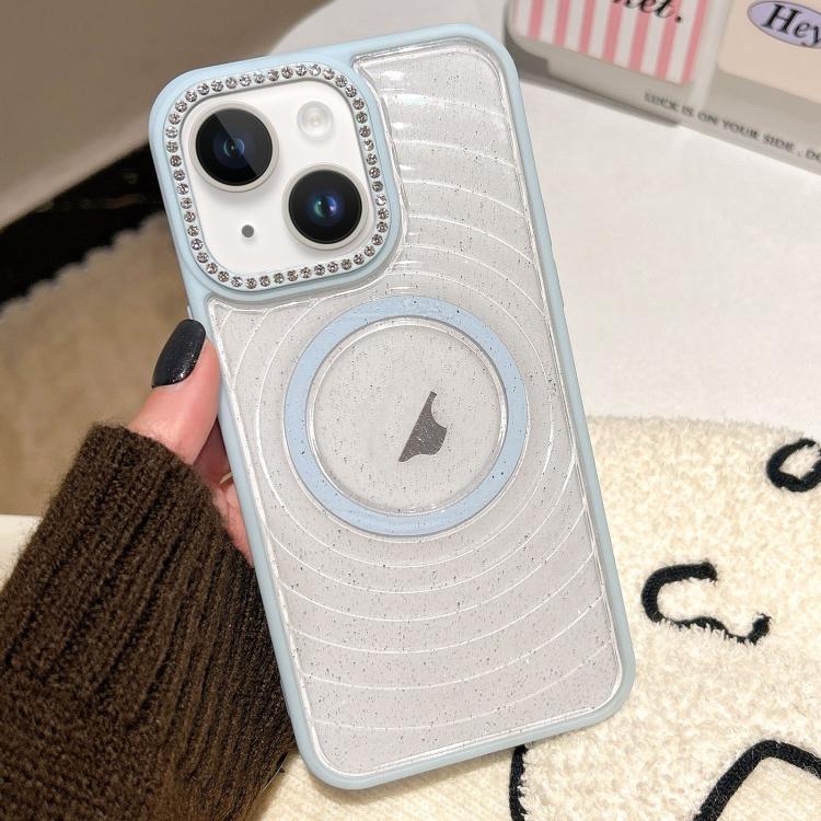 For iPhone 15 Diamond Lens Frame MagSafe Wave Texture Clear Phone Case