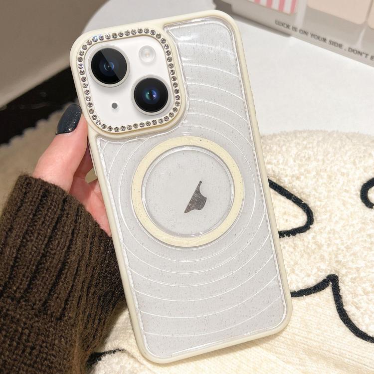 For iPhone 14 Diamond Lens Frame MagSafe Wave Texture Clear Phone Case