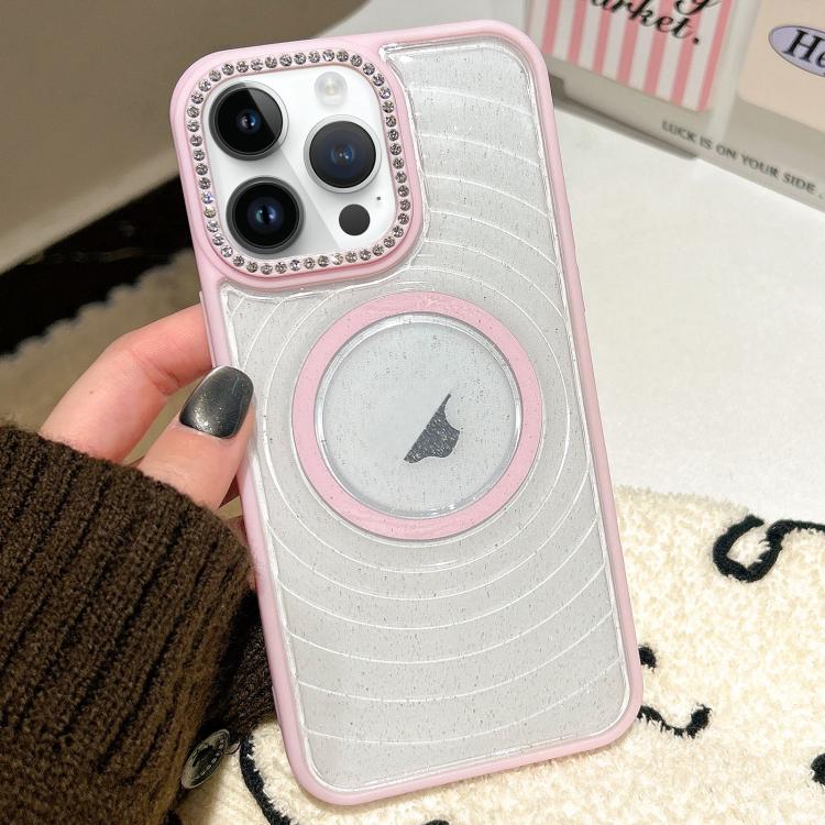 For iPhone 14 Pro Diamond Lens Frame MagSafe Wave Texture Clear Phone Case