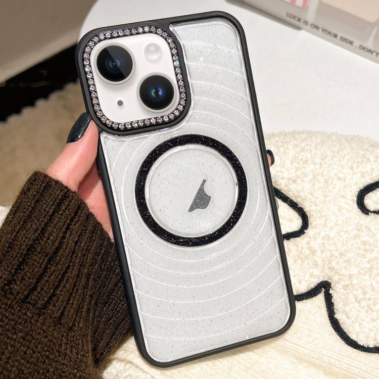 For iPhone 13 Diamond Lens Frame MagSafe Wave Texture Clear Phone Case