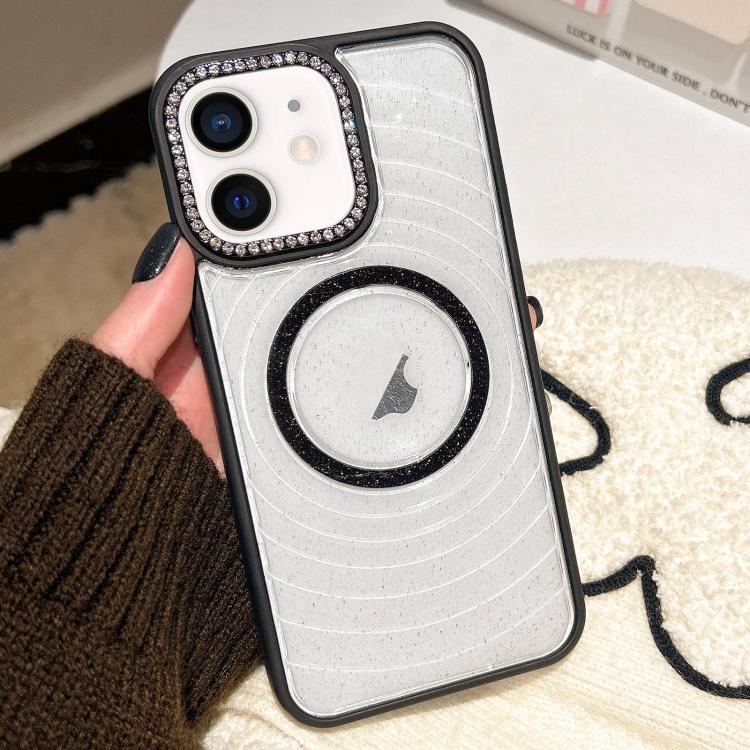For iPhone 12 Diamond Lens Frame MagSafe Wave Texture Clear Phone Case