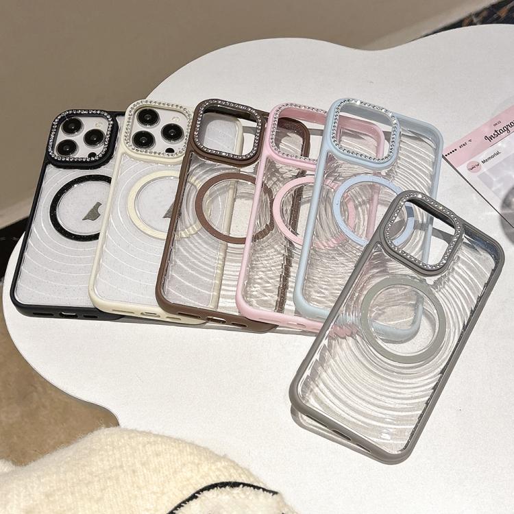 For iPhone 16 Pro Max Diamond Lens Frame MagSafe Wave Texture Clear Phone Case
