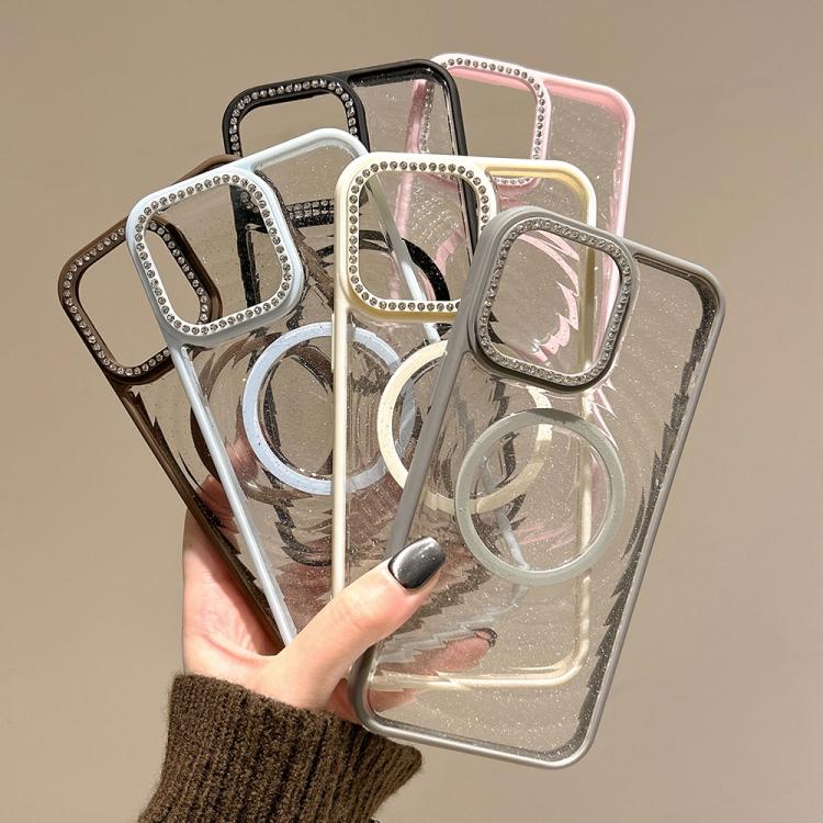 For iPhone 16 Diamond Lens Frame MagSafe Wave Texture Clear Phone Case