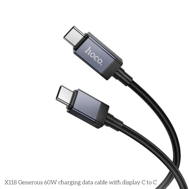 hoco X118 Generous 1m 60W Fast Charging Data Cable with Display, Interface:Type-C to Type-C - Black