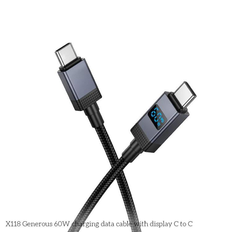 hoco X118 Generous 1m 60W Fast Charging Data Cable with Display, Interface:Type-C to Type-C - Black