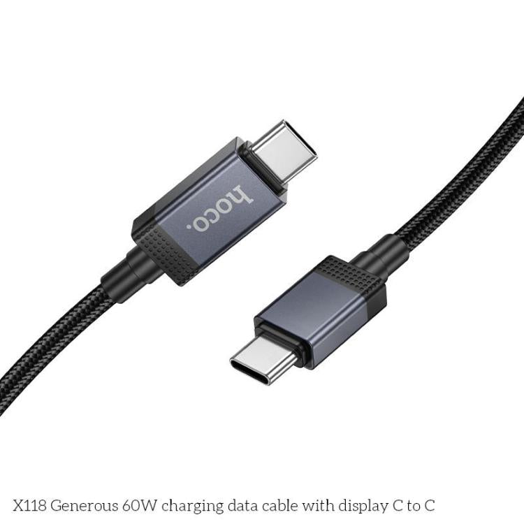 hoco X118 Generous 1m 60W Fast Charging Data Cable with Display, Interface:Type-C to Type-C - Black