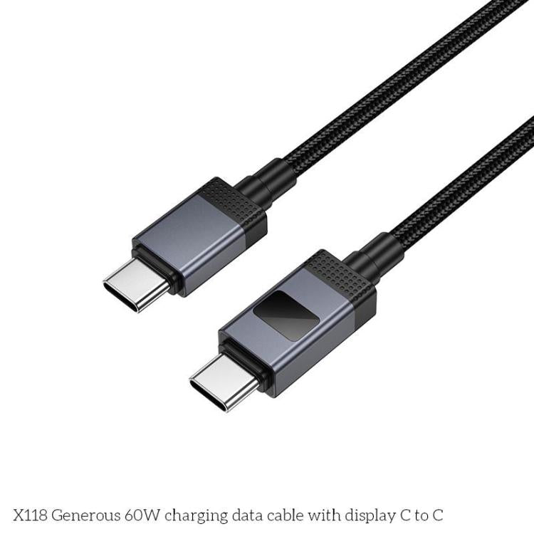 hoco X118 Generous 1m 60W Fast Charging Data Cable with Display, Interface:Type-C to Type-C - Black
