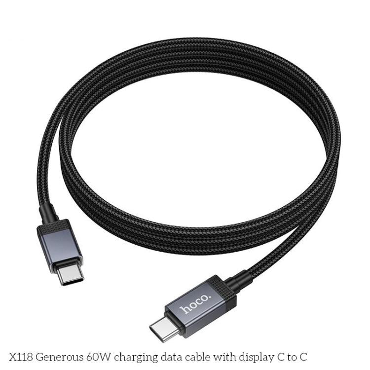hoco X118 Generous 1m 60W Fast Charging Data Cable with Display, Interface:Type-C to Type-C - Black