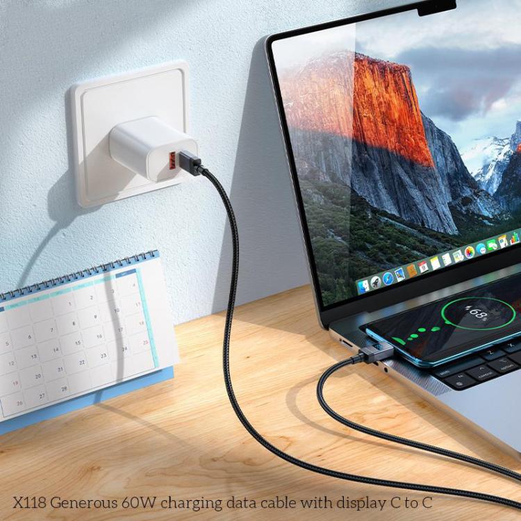 hoco X118 Generous 1m 60W Fast Charging Data Cable with Display, Interface:Type-C to Type-C - Black
