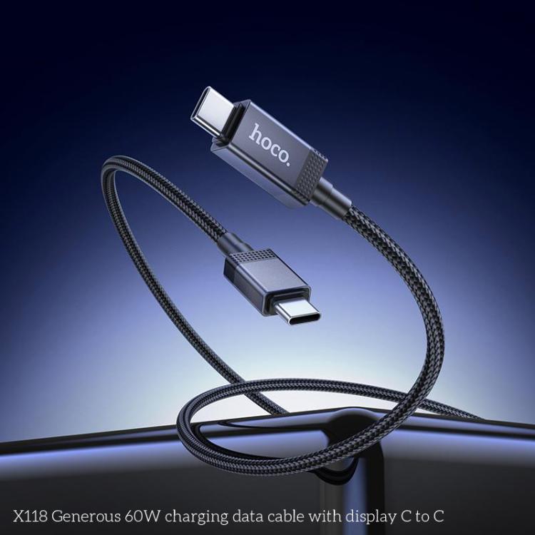 hoco X118 Generous 1m 60W Fast Charging Data Cable with Display, Interface:Type-C to Type-C - Black