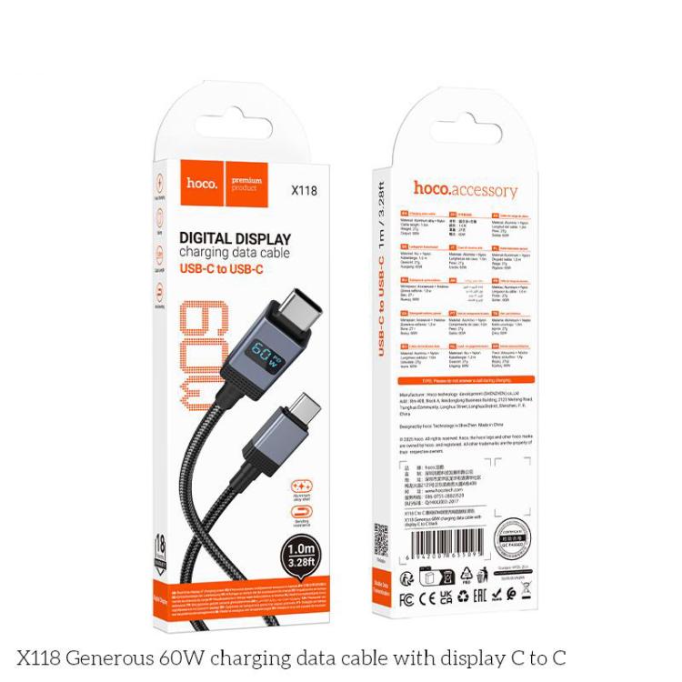 hoco X118 Generous 1m 60W Fast Charging Data Cable with Display, Interface:Type-C to Type-C - Black