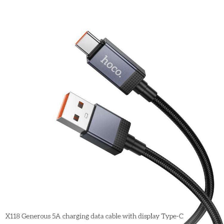 hoco X118 Generous 1m 5A Fast Charging Data Cable with Display, Interface:USB to Type-C - Black