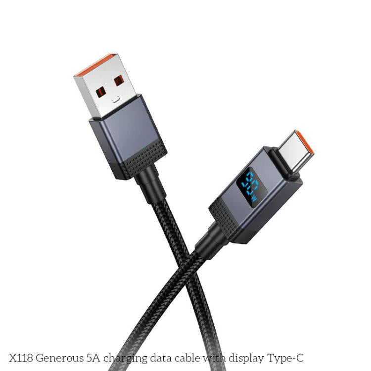 hoco X118 Generous 1m 5A Fast Charging Data Cable with Display, Interface:USB to Type-C - Black