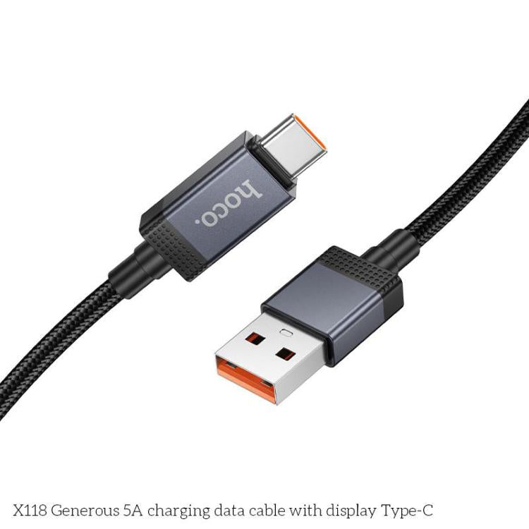 hoco X118 Generous 1m 5A Fast Charging Data Cable with Display, Interface:USB to Type-C - Black