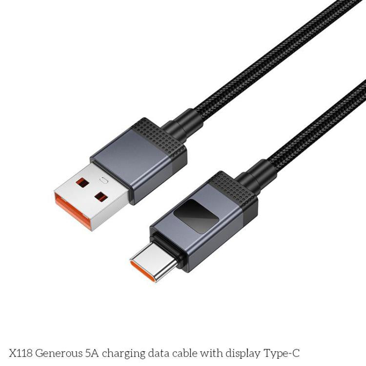 hoco X118 Generous 1m 5A Fast Charging Data Cable with Display, Interface:USB to Type-C - Black