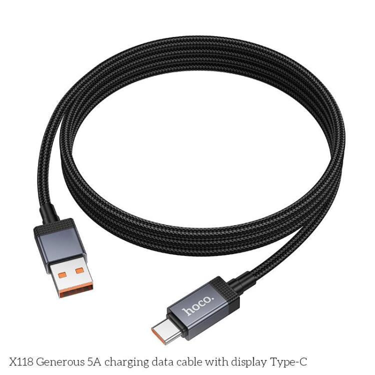 hoco X118 Generous 1m 5A Fast Charging Data Cable with Display, Interface:USB to Type-C - Black