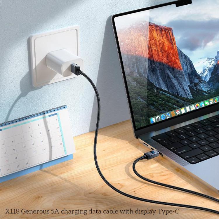 hoco X118 Generous 1m 5A Fast Charging Data Cable with Display, Interface:USB to Type-C - Black