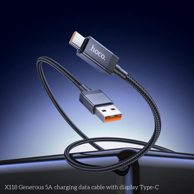 hoco X118 Generous 1m 5A Fast Charging Data Cable with Display, Interface:USB to Type-C - Black