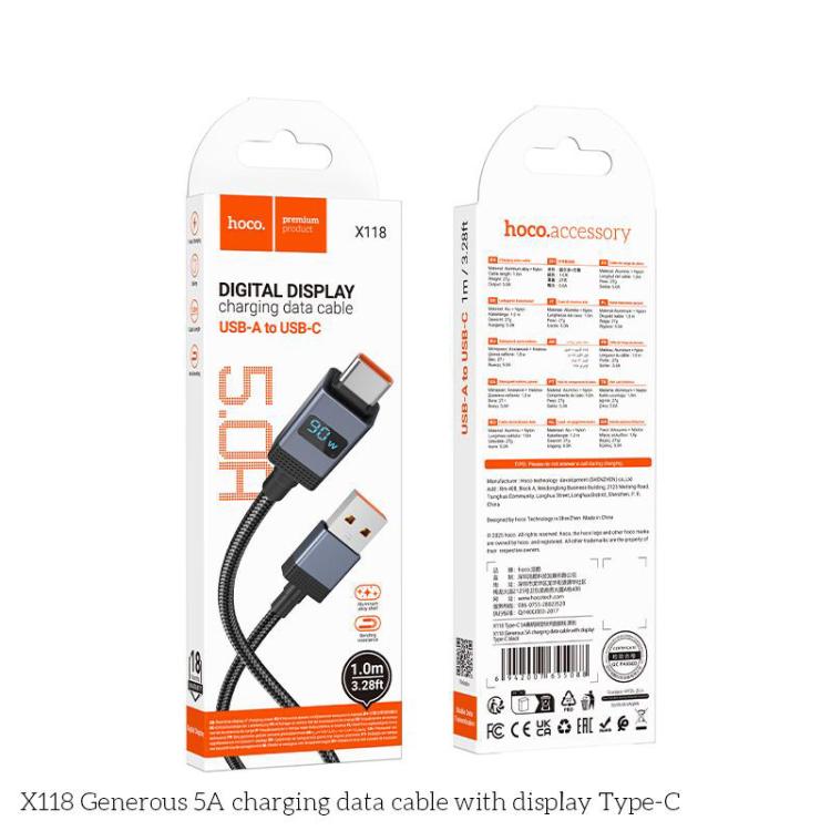 hoco X118 Generous 1m 5A Fast Charging Data Cable with Display, Interface:USB to Type-C - Black