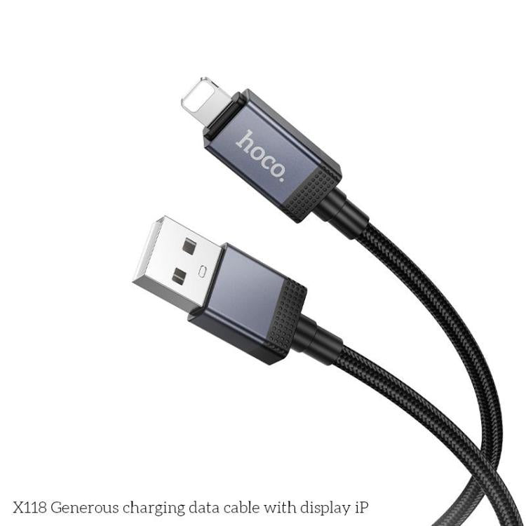 hoco X118 Generous 1m 60W Fast Charging Data Cable with Display, Interface:USB to 8 Pin - Black