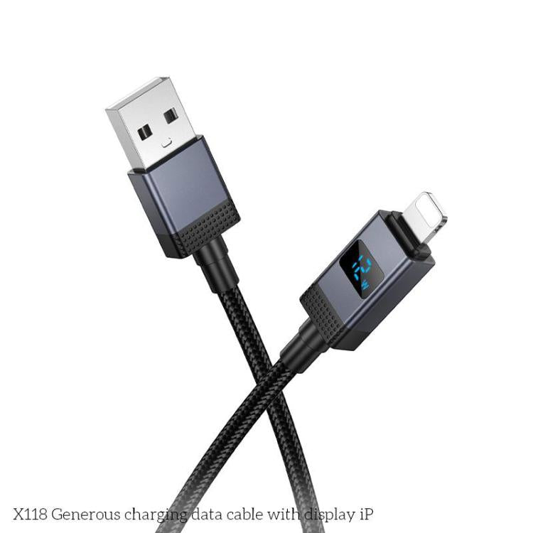 hoco X118 Generous 1m 60W Fast Charging Data Cable with Display, Interface:USB to 8 Pin - Black