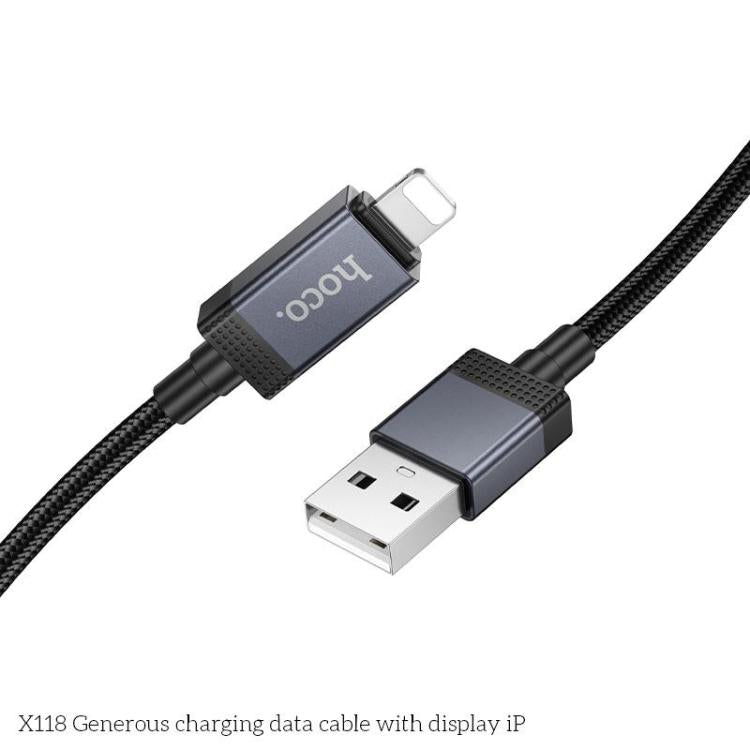 hoco X118 Generous 1m 60W Fast Charging Data Cable with Display, Interface:USB to 8 Pin - Black
