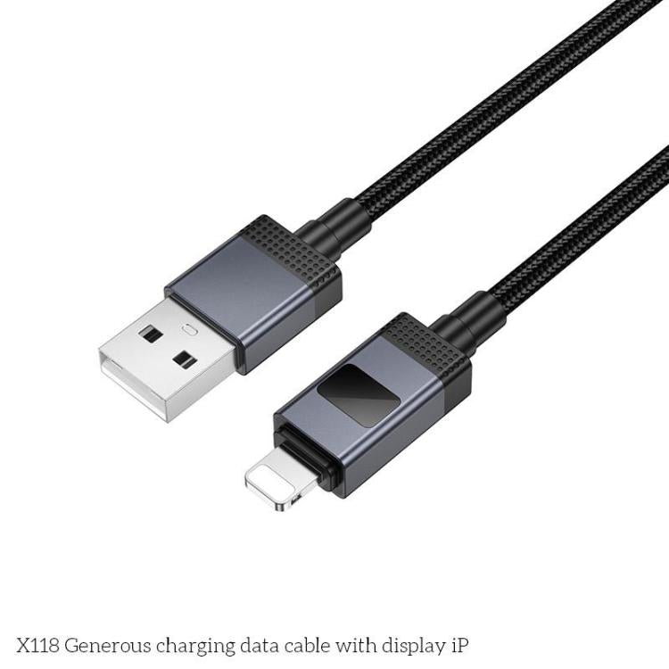 hoco X118 Generous 1m 60W Fast Charging Data Cable with Display, Interface:USB to 8 Pin - Black