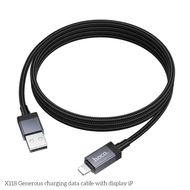 hoco X118 Generous 1m 60W Fast Charging Data Cable with Display, Interface:USB to 8 Pin - Black