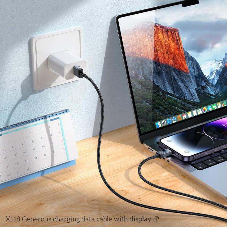 hoco X118 Generous 1m 60W Fast Charging Data Cable with Display, Interface:USB to 8 Pin - Black