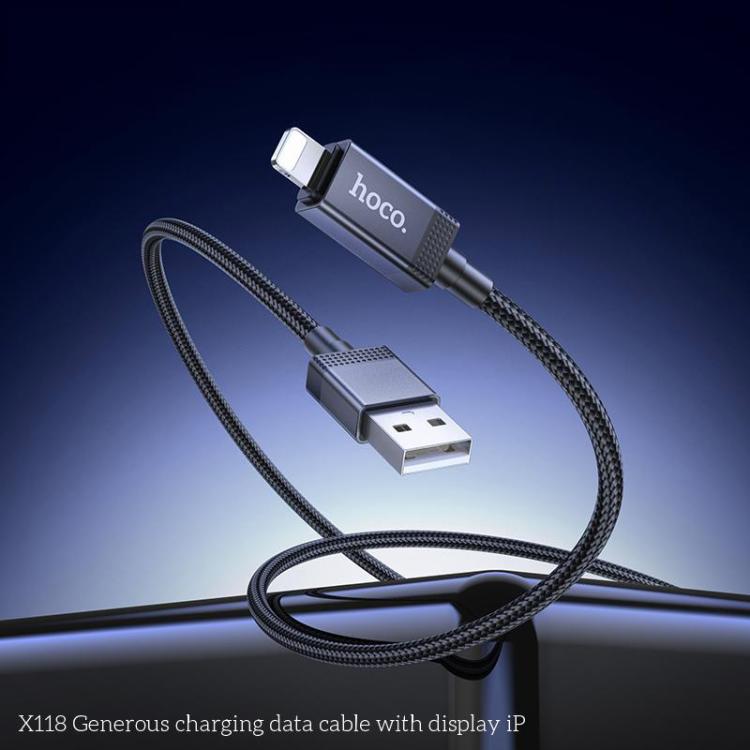 hoco X118 Generous 1m 60W Fast Charging Data Cable with Display, Interface:USB to 8 Pin - Black