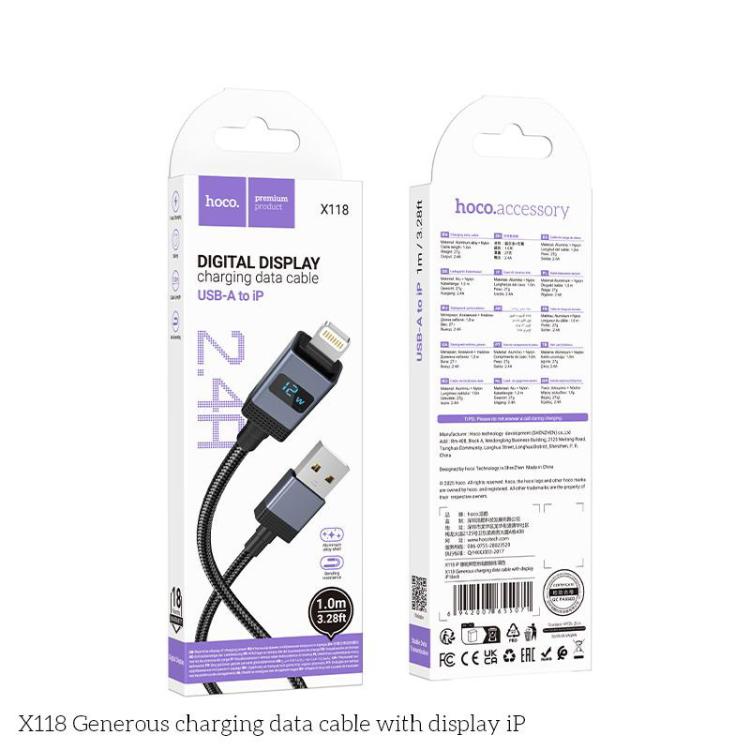 hoco X118 Generous 1m 60W Fast Charging Data Cable with Display, Interface:USB to 8 Pin - Black