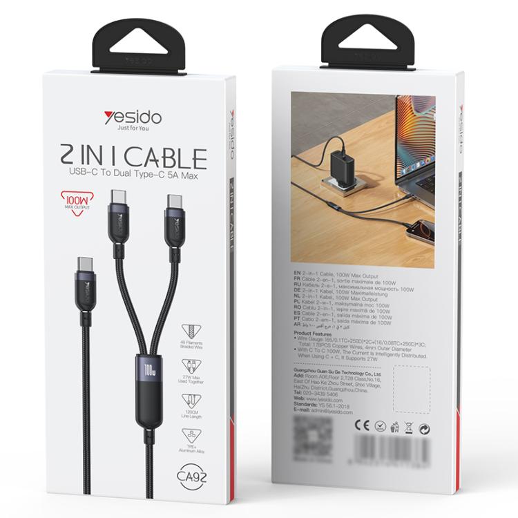 Yesido CA92 100W 5A USB-C / Type-C to Dual Type-C 2 in 1 Charging Cable, Length:1.2m - Black