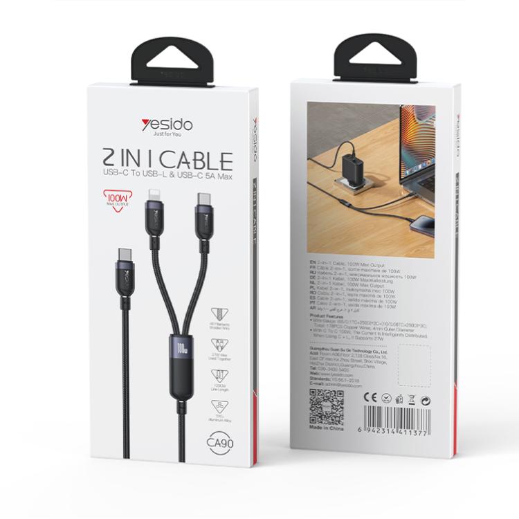 Yesido CA90 100W USB-C / Type-C to 8 Pin, Type-C 2 in 1 Charging Cable, Length:1.2m - Black