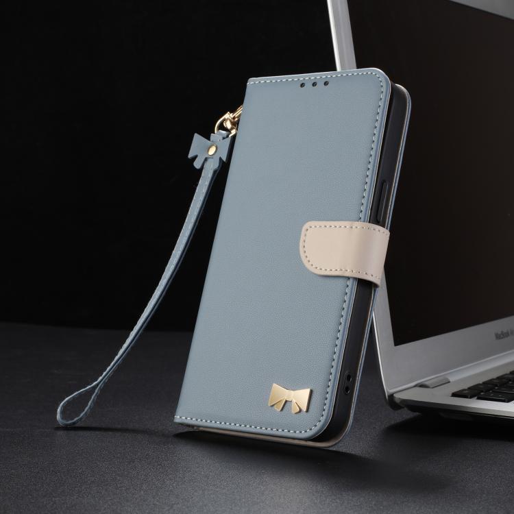 For iPhone 16 Metal Bow Leather Phone Case with Hand Strap