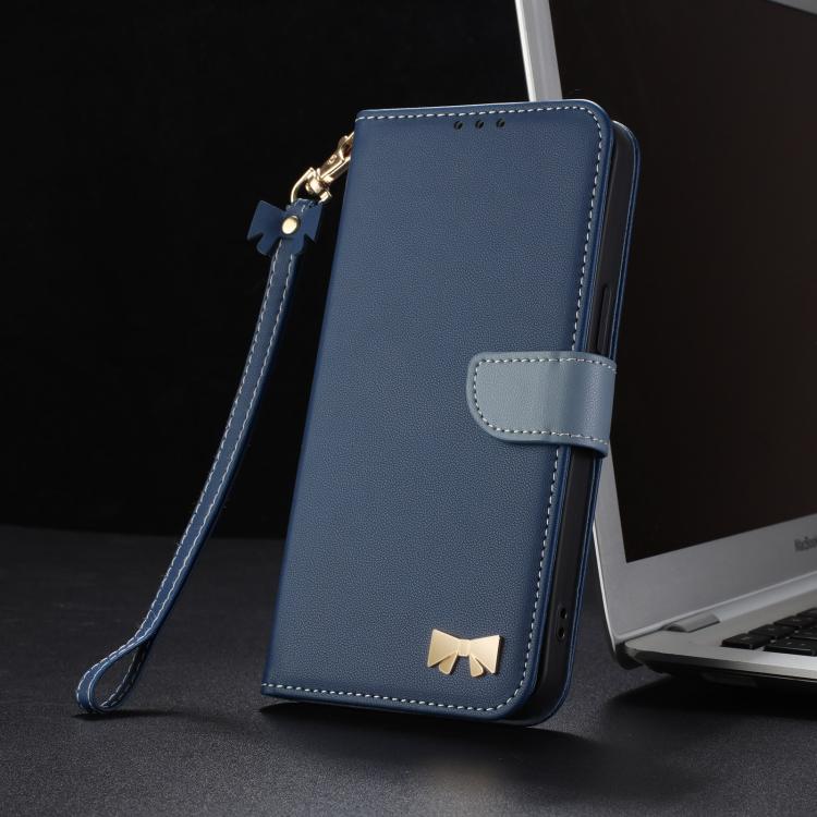 For iPhone 15 Pro Max Metal Bow Leather Phone Case with Hand Strap