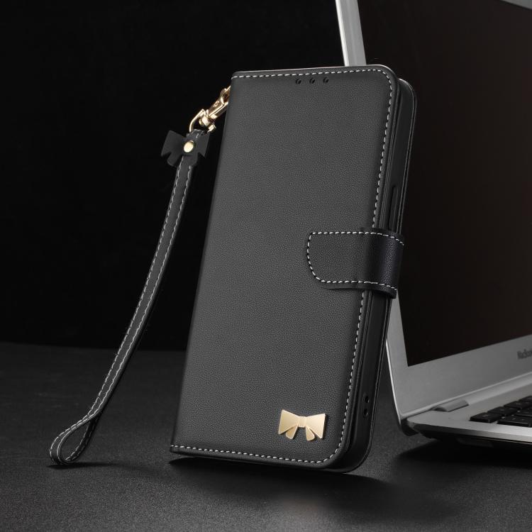 For iPhone 15 Pro Max Metal Bow Leather Phone Case with Hand Strap