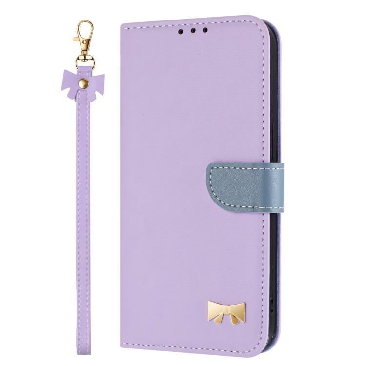 For iPhone 15 Metal Bow Leather Phone Case with Hand Strap