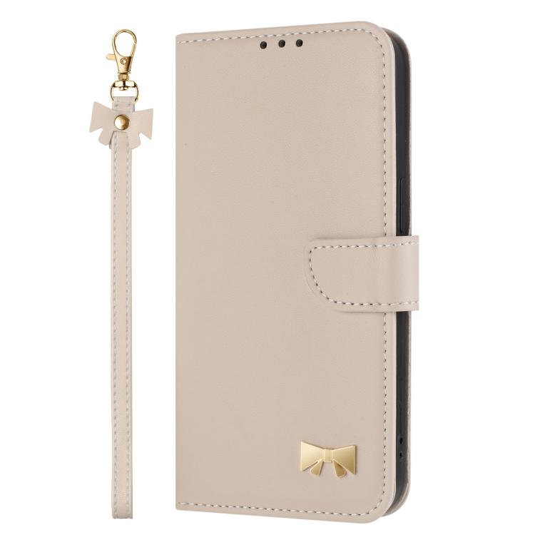 For iPhone 15 Metal Bow Leather Phone Case with Hand Strap