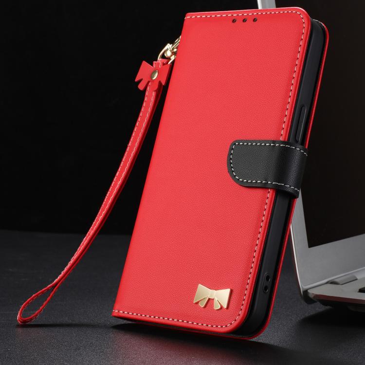 For iPhone 7 / 8 / SE 2022 Metal Bow Leather Phone Case with Hand Strap