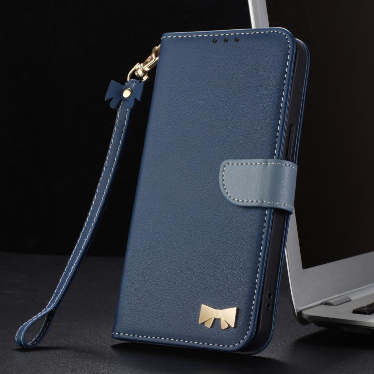 For iPhone 11 Pro Max Metal Bow Leather Phone Case with Hand Strap