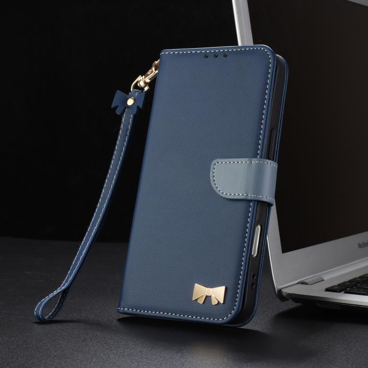 For iPhone 17 Pro Metal Bow Leather Phone Case with Hand Strap