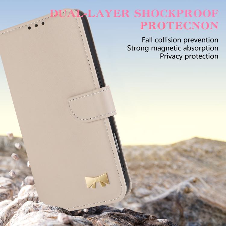 For iPhone 17 Pro Metal Bow Leather Phone Case with Hand Strap