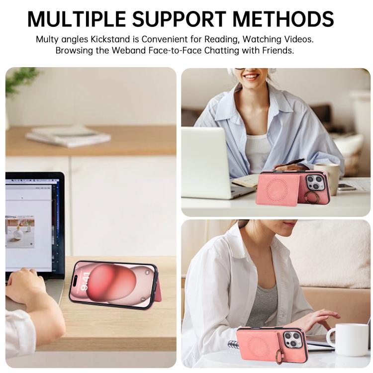 For iPhone 16 Pro Max Car Magnetic Ring Buckle Card Bag Phone Case with Lanyard