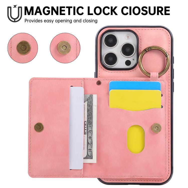 For iPhone 16 Pro Max Car Magnetic Ring Buckle Card Bag Phone Case with Lanyard