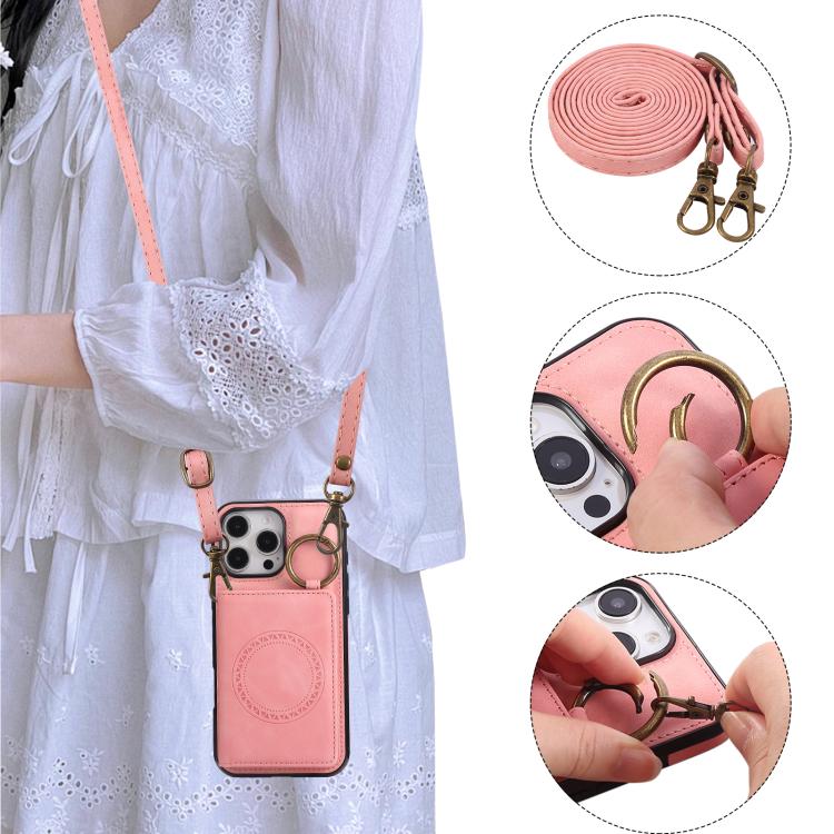 For iPhone 16 Pro Max Car Magnetic Ring Buckle Card Bag Phone Case with Lanyard