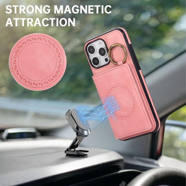 For iPhone 16 Pro Max Car Magnetic Ring Buckle Card Bag Phone Case with Lanyard