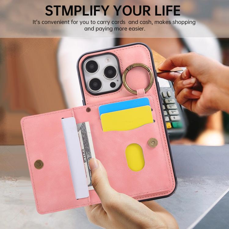 For iPhone 16 Pro Max Car Magnetic Ring Buckle Card Bag Phone Case with Lanyard