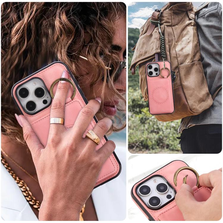 For iPhone 16 Pro Max Car Magnetic Ring Buckle Card Bag Phone Case with Lanyard
