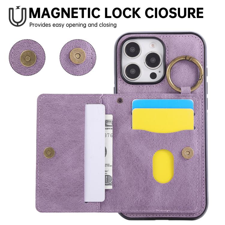 For iPhone 16 Pro Max Car Magnetic Ring Buckle Card Bag Phone Case with Lanyard