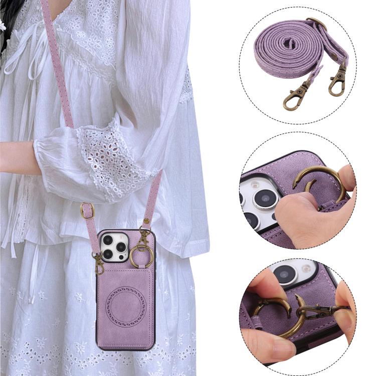 For iPhone 16 Pro Max Car Magnetic Ring Buckle Card Bag Phone Case with Lanyard